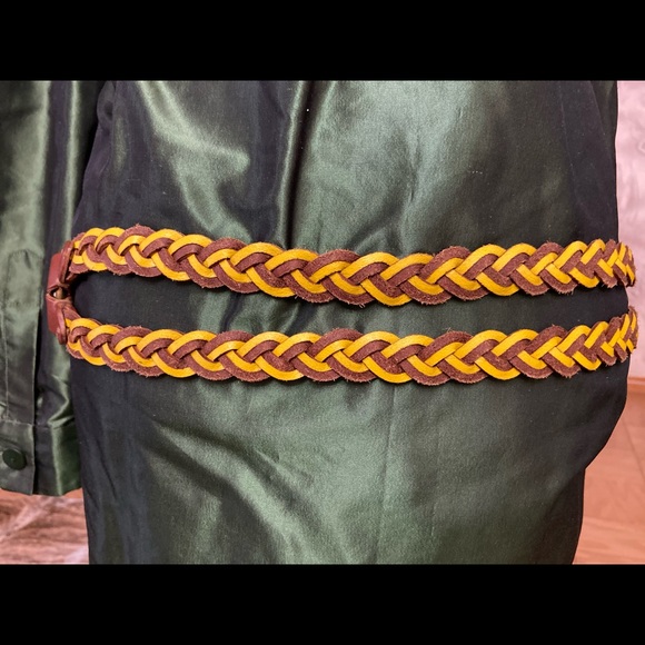 Polo Ralph Lauren Brown Yellow Braided Leather Belt Brass Buckles L - Picture 2 of 6